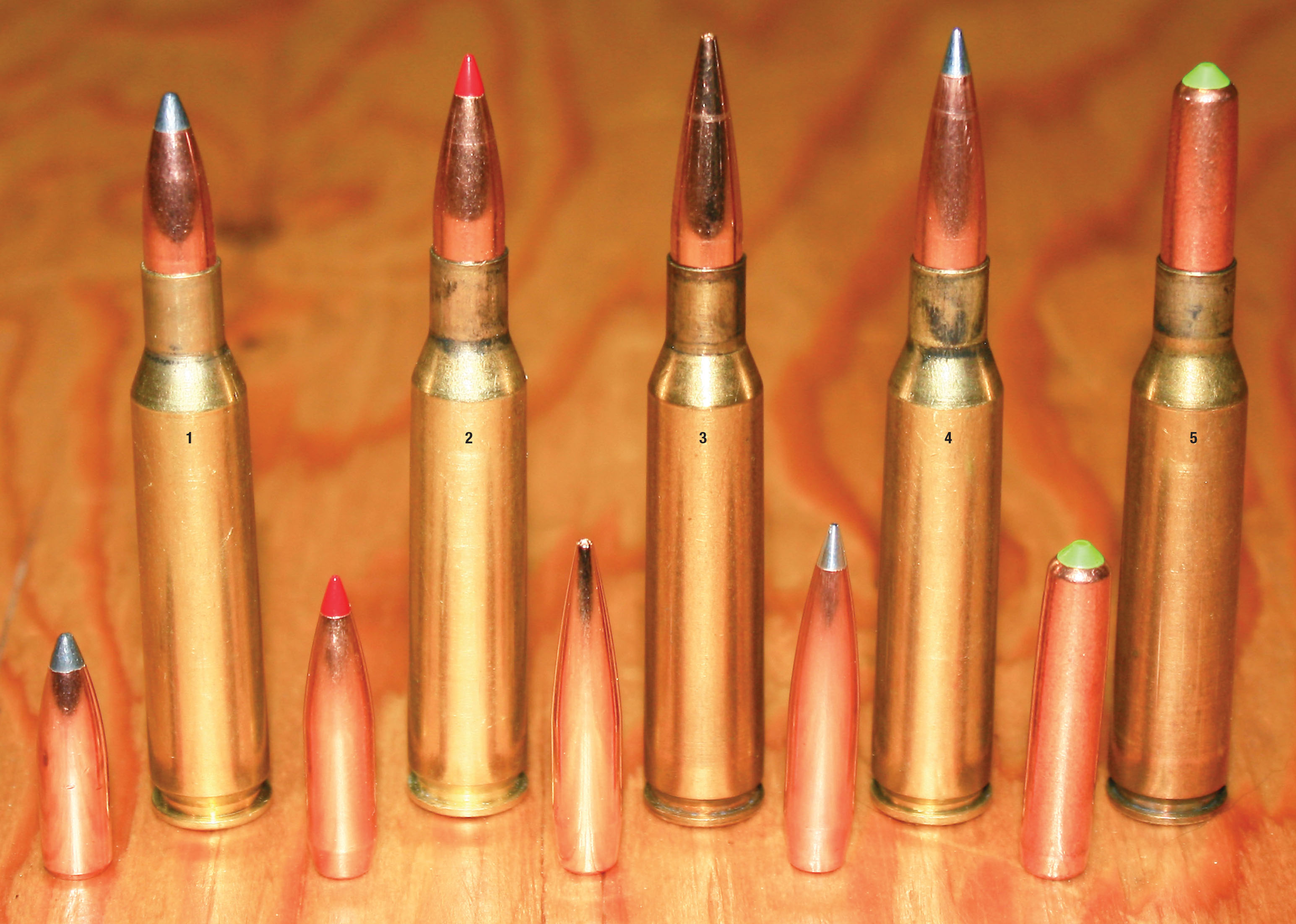 Bullets selected for testing the 6.5x57mm Mauser included the (1) Nosler 100-grain Partition, (2) Hornady 120-grain ELD Match, (3) Berger 130-grain VLD Hunting, (4) Hornady 135-grain A-Tip and the (5) Lapua 140-grain CEX Naturalis.